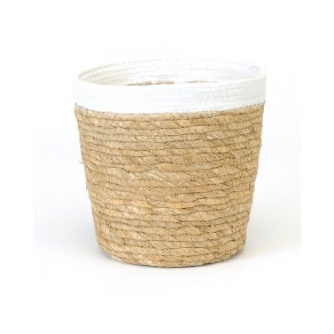 Round Straw White Rim Lined Basket - White & Natural