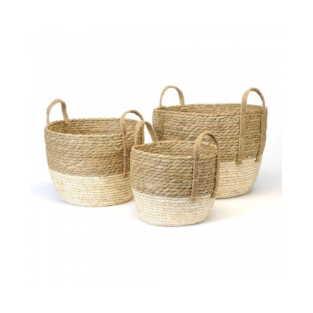 Two Tone Side Handle Baskets - Natural Top/Cream Bottom
