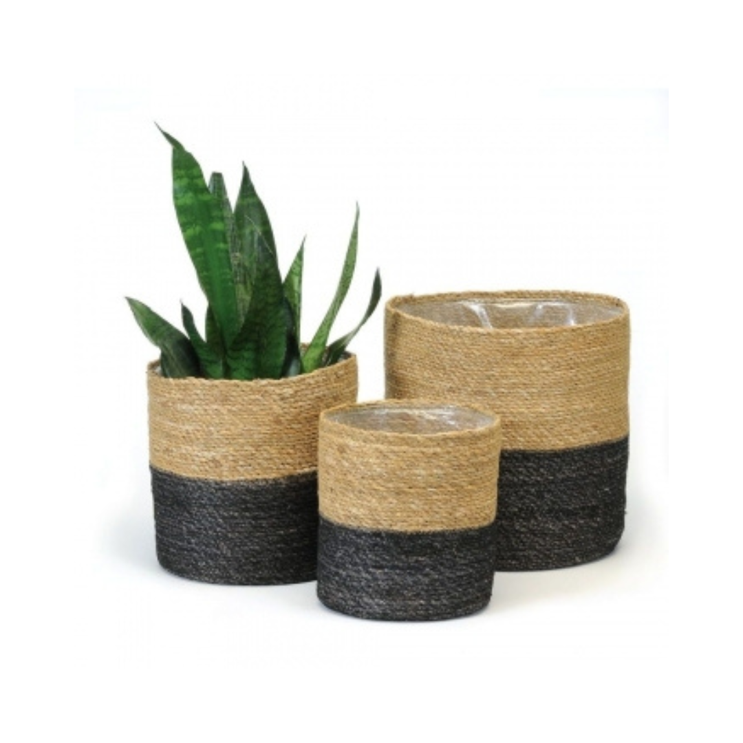 Two Toned Lined Plant Basket - Natural & Black